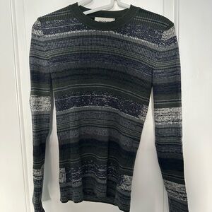 100% Merino Wool Green and Gray Striped Sweater